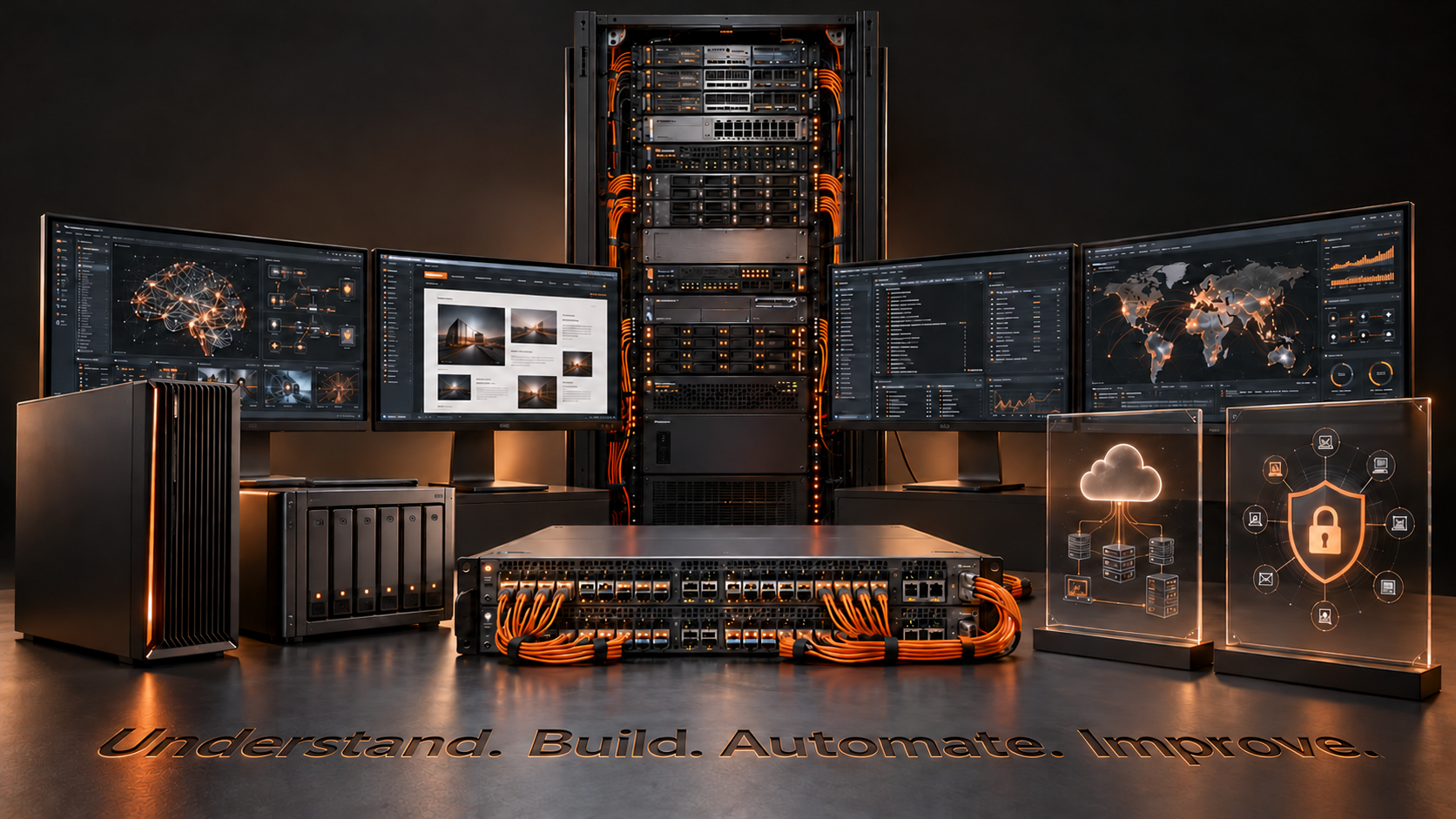 IT-Komposition mit Desktop, NAS, Serverschrank, Core-Switch und Darstellungen von KI, Webdesign, Administration, Monitoring, Cloud und IT-Sicherheit
